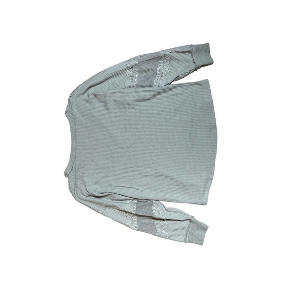 Daytrip Waffle Knit Top Blouse Long Sleeve V-Neck Lace Mesh Olive Green XL - Picture 4 of 4